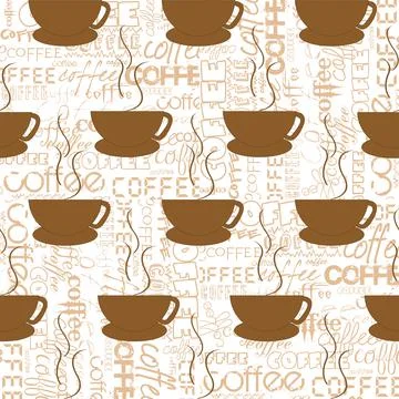 Coffee seamless pattern with cups over coffee lettering background Stock Illustration