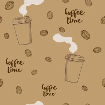 Coffee seamless pattern. Hand drawn repeating texture with take away cup of h Stock Illustration