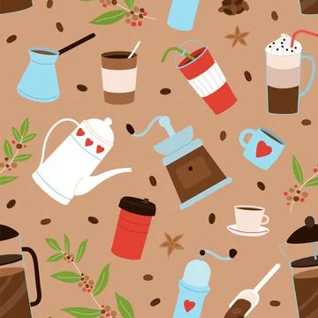 Coffee seamless pattern. Hygge breakfast element, coffee shop restaurant or cafe Stock Illustration