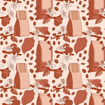 Coffee seamless pattern with packs, flowers and branches Stock Illustration