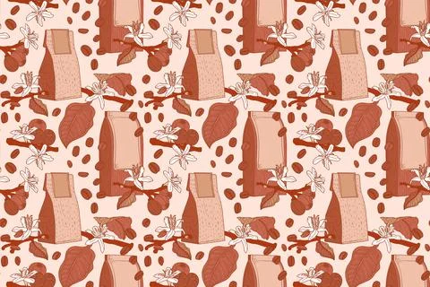 Coffee seamless pattern with packs, flowers and branches Stock Illustration