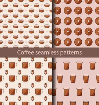 Coffee seamless pattern set. Vector colored set of modern patterns with coffe Stock Illustration