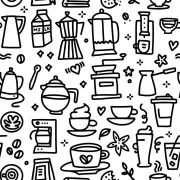 Coffee Seamless Pattern with various doodle linear elements - cup, mill, pot Stock Illustration