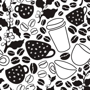Coffee seamless pattern. Vector tree, branch, raw bean, grain, cup. Art hand  Stock Illustration