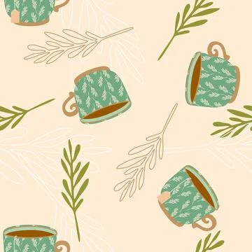 Coffee seamless pattern vintage style. Retro styled hot coffee cup on light b Stock Illustration