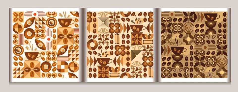 Coffee seamless patterns in simple geometric style Stock Illustration