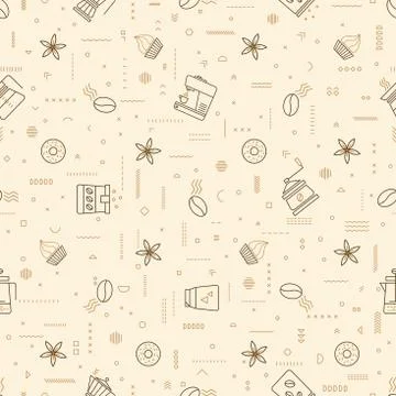 Coffee seamless vector pattern with beans. Linear style. Decorative ornament. Stock Illustration
