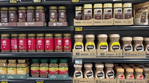 Coffee selection in a store, many different kinds of instant and arabica coffee Stock Footage 280640617