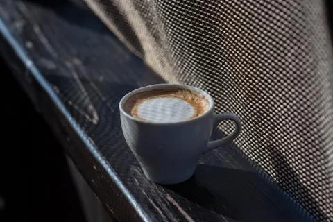 Coffee selective focus. White cup with cappuccino, coffee, morning, cheerfuln Stock Photos