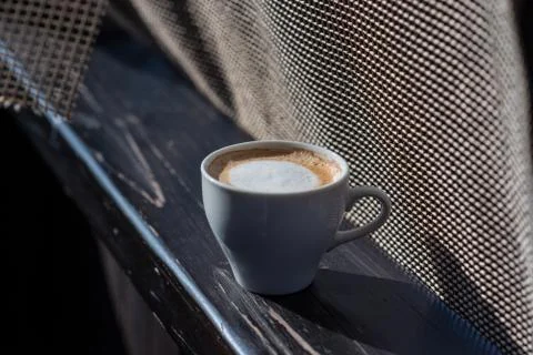 Coffee selective focus. White cup with cappuccino, coffee, morning, cheerfuln Stock Photos