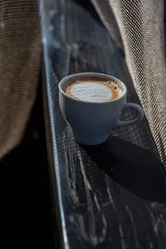 Coffee selective focus. White cup with cappuccino, coffee, morning, cheerfuln Stock Photos