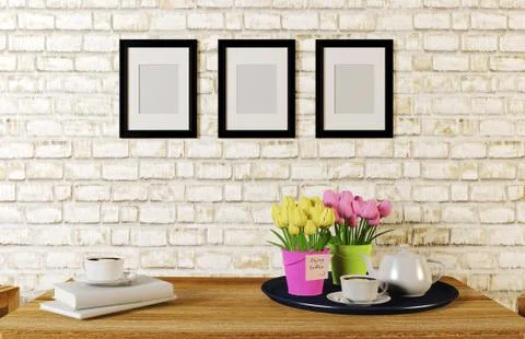 Coffee served on table in white brick room decorated with photo frames Stock Illustration