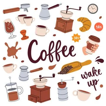 Coffee set. Cafe menu, coffee shop. Beans, drinks, cups, pot, package, grinder Stock Illustration
