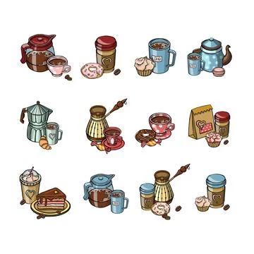 Coffee set for caffeine menu, restaurants, sites vector illustration Stock Illustration