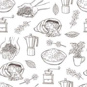 Coffee set. Coffee beans in hands. Stock Illustration
