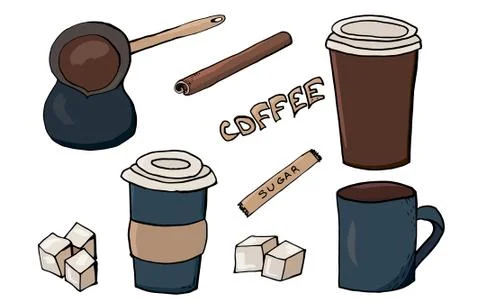 Coffee set, collection cup and glass of coffee, sugar, cinnamon. Stock Illustration