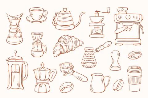 Coffee set collection with cup, pot, grinder, espresso machine, croissant and Stock-Illustration