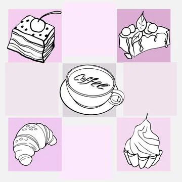A coffee set of a cup of coffee and various desserts Stock Illustration