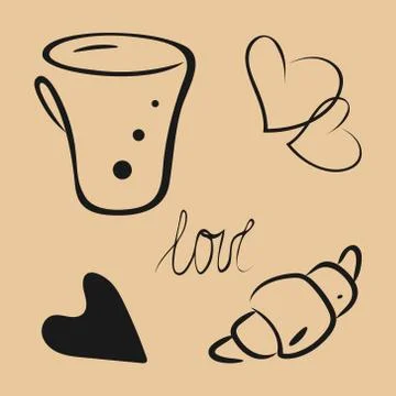 Coffee set of decorative isolated elemens. Hand drawn line sketch design of cup Stock Illustration