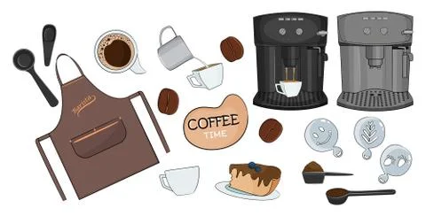 Coffee set of different tools for barista, cafe and home use. Stock Illustration