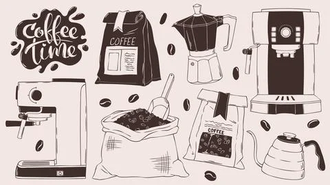 Coffee set doodle vector with espresso machine, moka pot, bean sack and イラスト素材