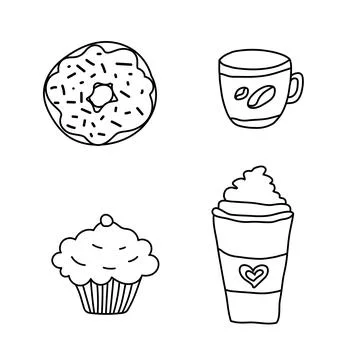 Coffee set hand draw elements mug, cup of tea or coffee and cake, donut isolated Stock Illustration
