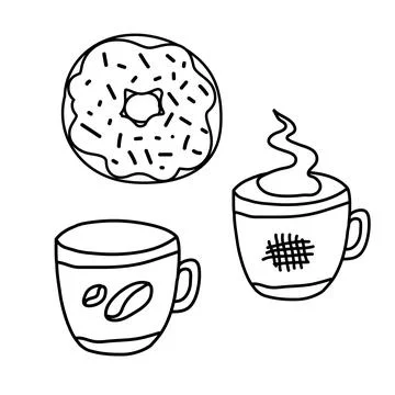 Coffee set hand draw elements mug, cup of tea or coffee and cake, donut isolated Stock Illustration