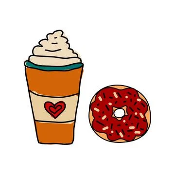 Coffee set hand draw elements mug, cup of tea or coffee and cake, donut isolated 스톡 일러스트