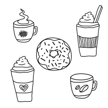 Coffee set hand draw elements mug, cup of tea or coffee and cake, donut isolated Illustrazione stock