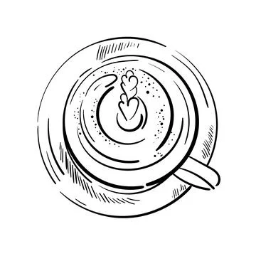 Coffee set. Hand drawn coffee cup from above. top view of mug of cappuccino or Stock Illustration