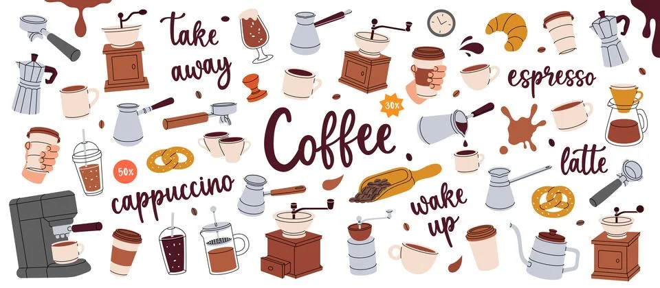 Coffee set. Hand drawn elements for cafe menu, coffee shop. Beans, drinks, cups イラスト素材