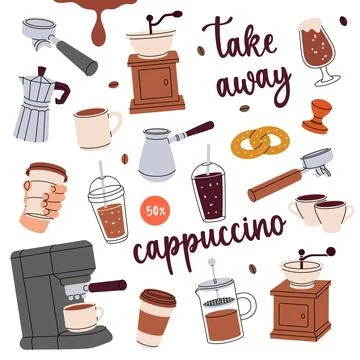 Coffee set. Hand drawn elements for cafe menu, coffee shop. Beans, cups, pot Stockillustratie