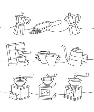 Coffee set. Italian coffee maker, wooden scoop, coffee machine, espresso cups Illustrazione stock