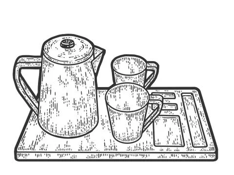 Coffee set, kettle, two cups and a tray. Sketch scratch board imitation. Stock Illustration