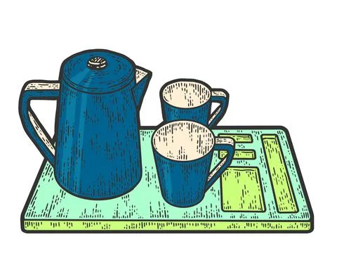 Coffee set, kettle, two cups and a tray color. Sketch scratch board imitation. Stock Illustration