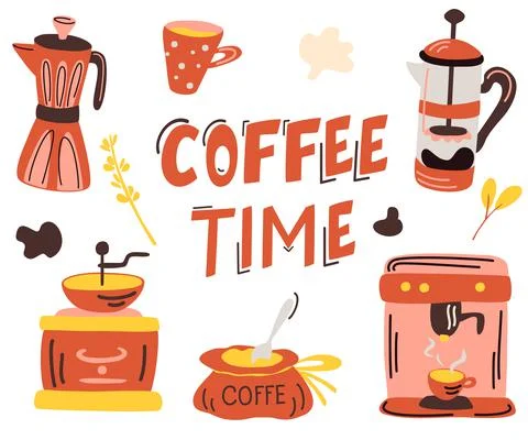 Coffee set. Lettering  Coffee Time. Hand draw Coffee theme, coffee pot, mug,  Stock Illustration
