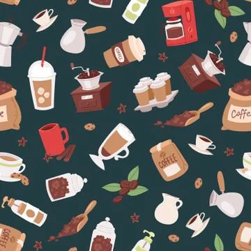 Coffee set seamless pattern vector illustration with cartoon cappuccino, cups Stock Illustration