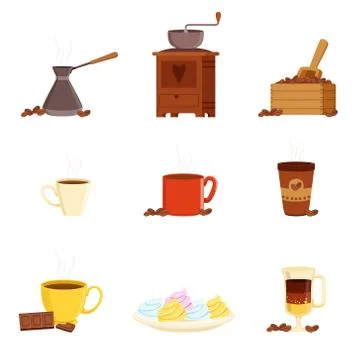 Coffee set, various kitchen utensils for making coffee and food ingredients Stock Illustration