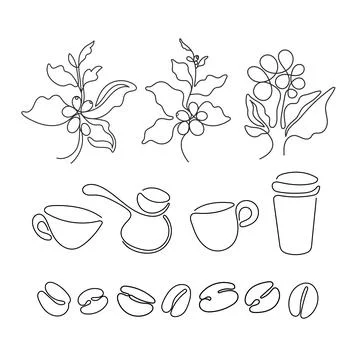 Coffee set. Vector art sign. Black art sketch of leaf, natural bean, cup, cez Stock Illustration
