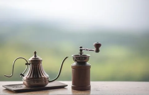 Coffee set on wooden table in a refreshing natural atmosphere Stock Photos