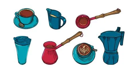 Coffee set wuth cups, pots and creamer. Big colored set of coffee accessoiries Stock Illustration