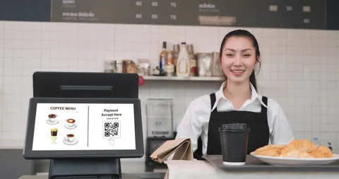 Coffee shop accept digital pay without money QR code payment Video stock 157624947
