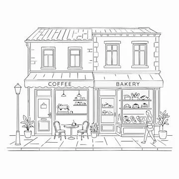 Coffee shop and bakery storefront line drawing, urban illustration Silhouette Ilustración de archivo