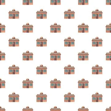 Coffee shop building seamless pattern design with brown awning 库存插图