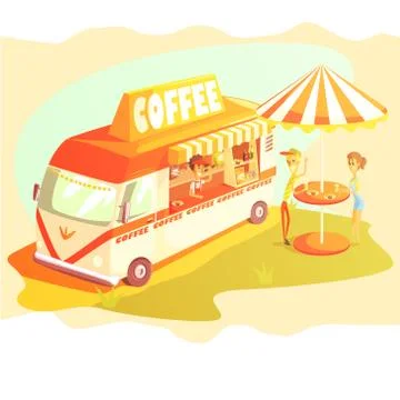 Coffee Shop Cafe In Mini Bus On Sunny Day With Outdoors Table Stock Illustration