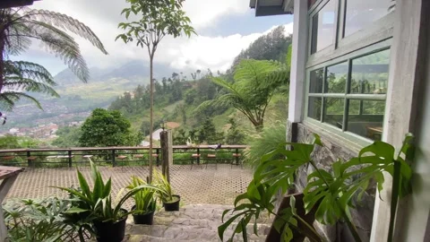 Coffee shop with a comfortable home concept showing the slopes of Mount Merapi Stock Footage 337166470