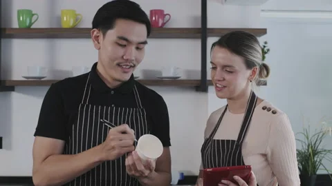 Coffee shop concept of 4k Resolution. Employees checking customers' orders .. Stock Footage 236060412
