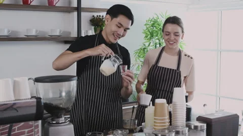 Coffee shop concept of 4k Resolution. The barista is making coffee with the.. Stock Footage 243628602