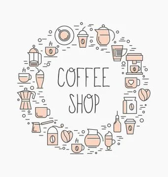 Coffee shop concept. Set of coffee equipment icons for shop, cafe, menu Illustrazione stock