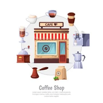 Coffee shop concept. Vector circle label and design elements. Street cafe or Stock Illustration